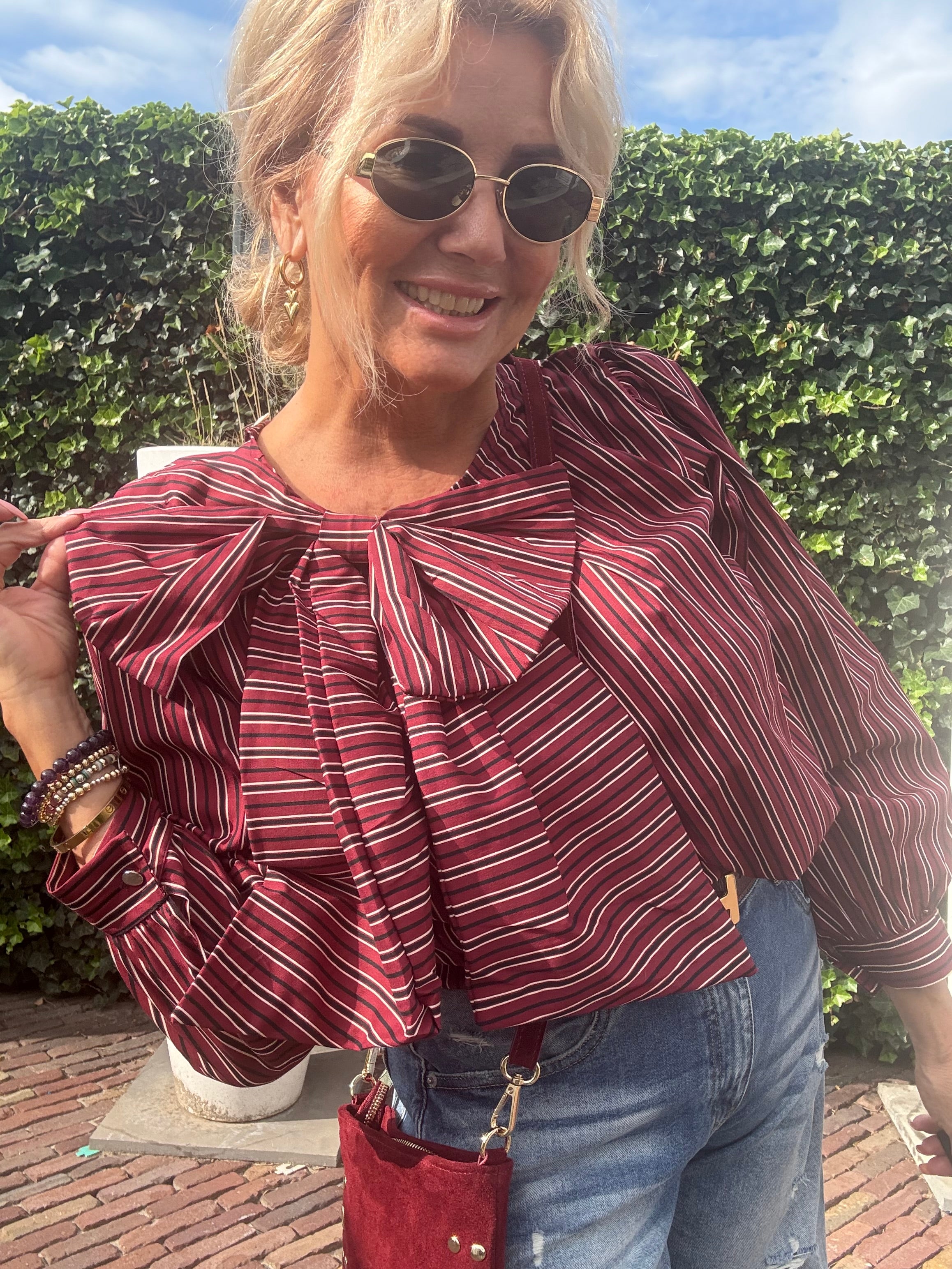 Blouse Big Bow Bordeaux streep